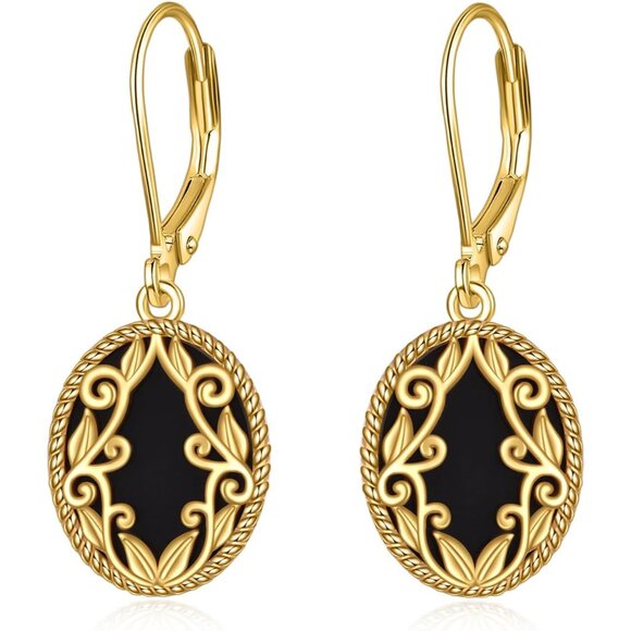 Jewelry - Sterling Silver & 24K Gold Plated Black Onyx Dangle Earrings for Women Girls, El